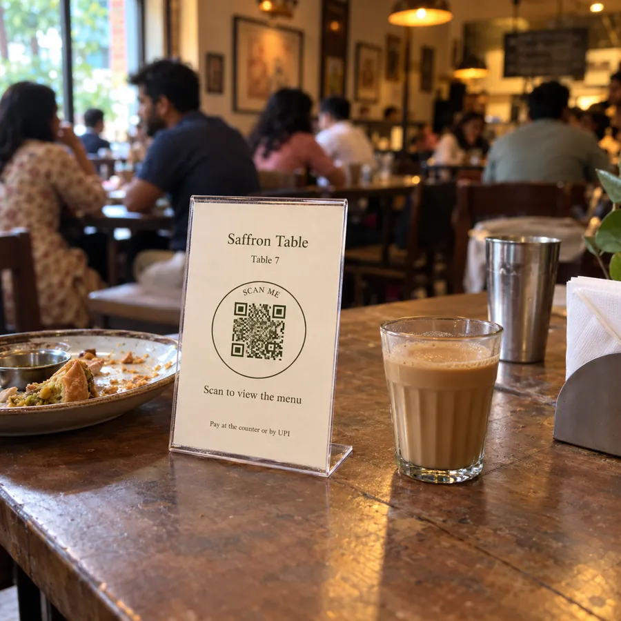 A small acrylic QR menu stand for table 7 on a café table, next to a glass of chai