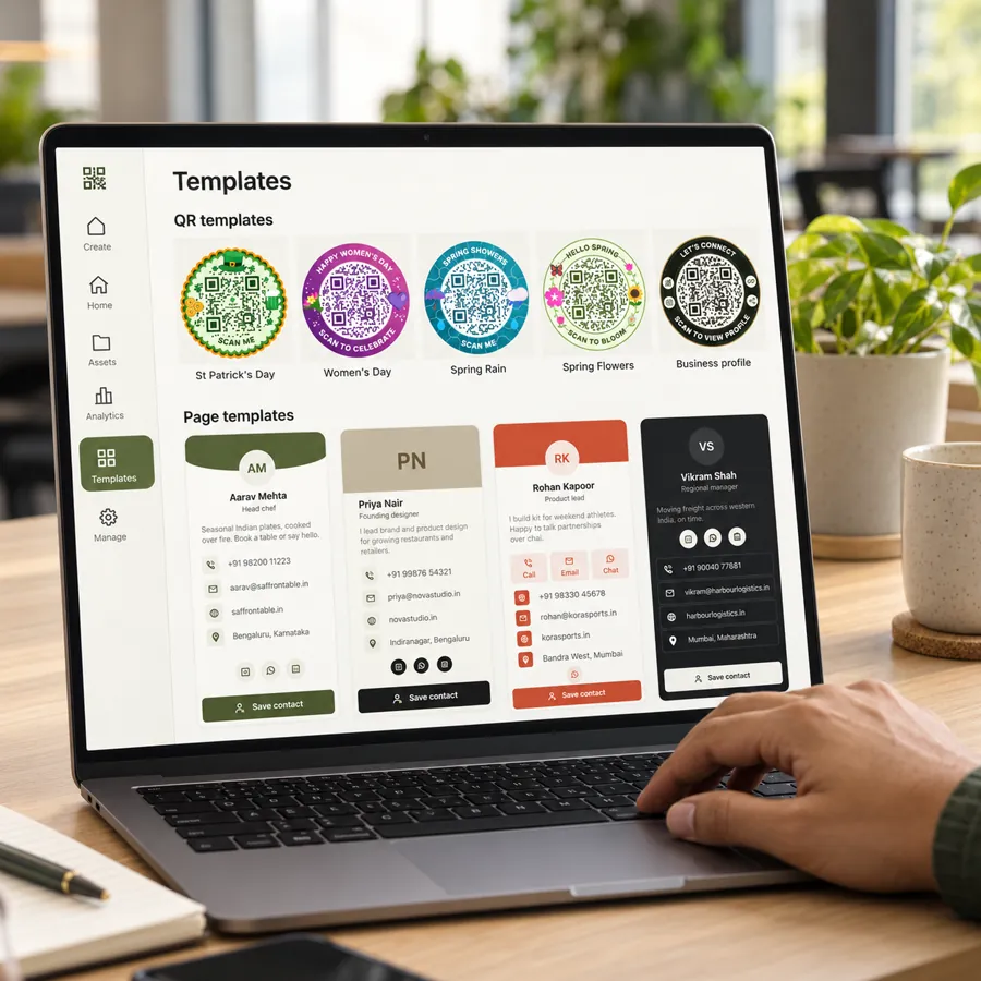A laptop showing the templates gallery with QR code and page templates