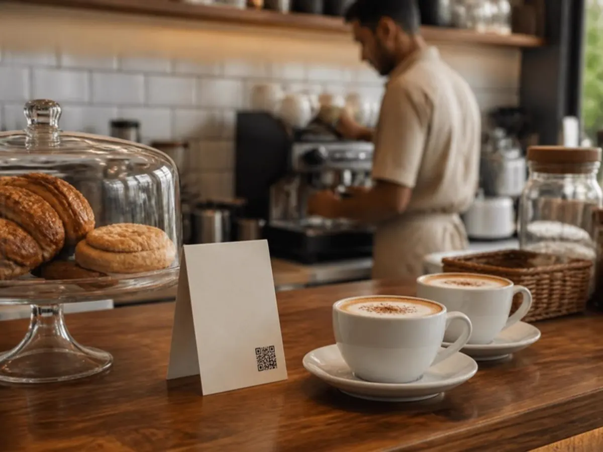 Café counter with a QR card next to coffee cups