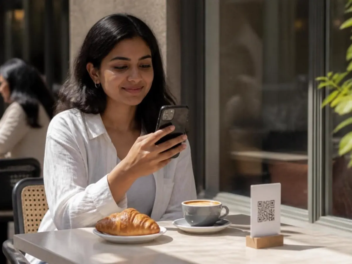 Woman in a café looking at a menu on her phone