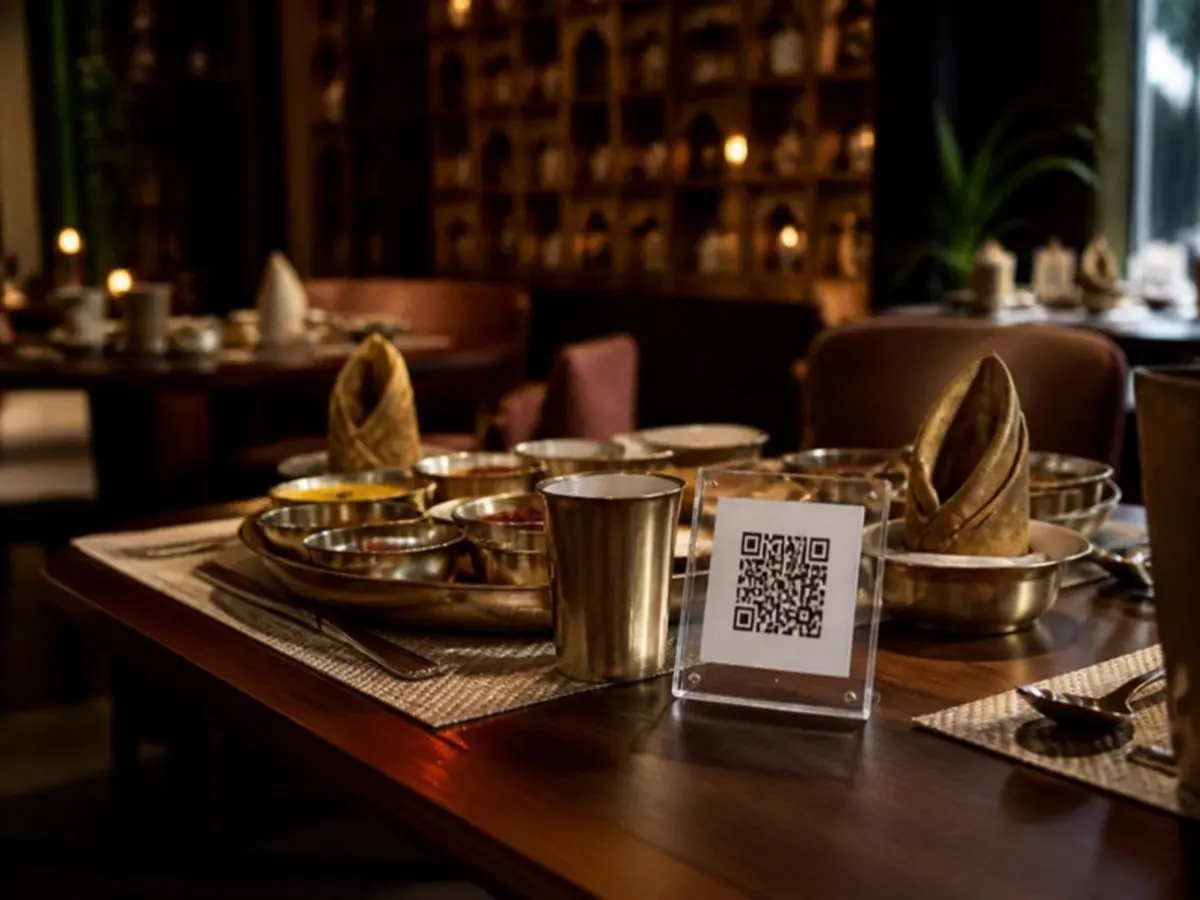 Restaurant table with thalis and an acrylic QR stand