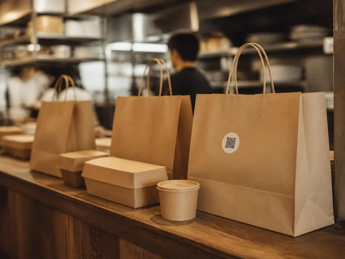 Paper takeaway bags and boxes with QR stickers