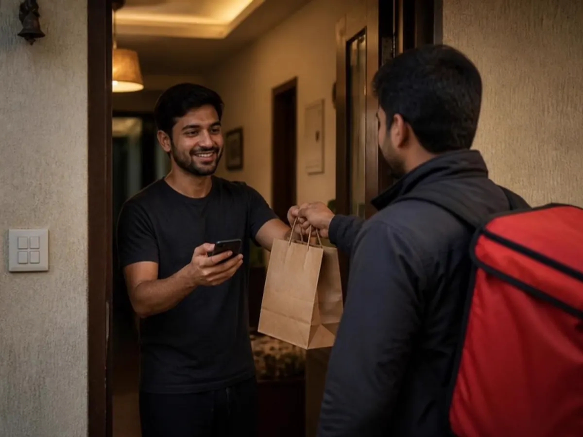 Customer receiving a takeaway bag at the door