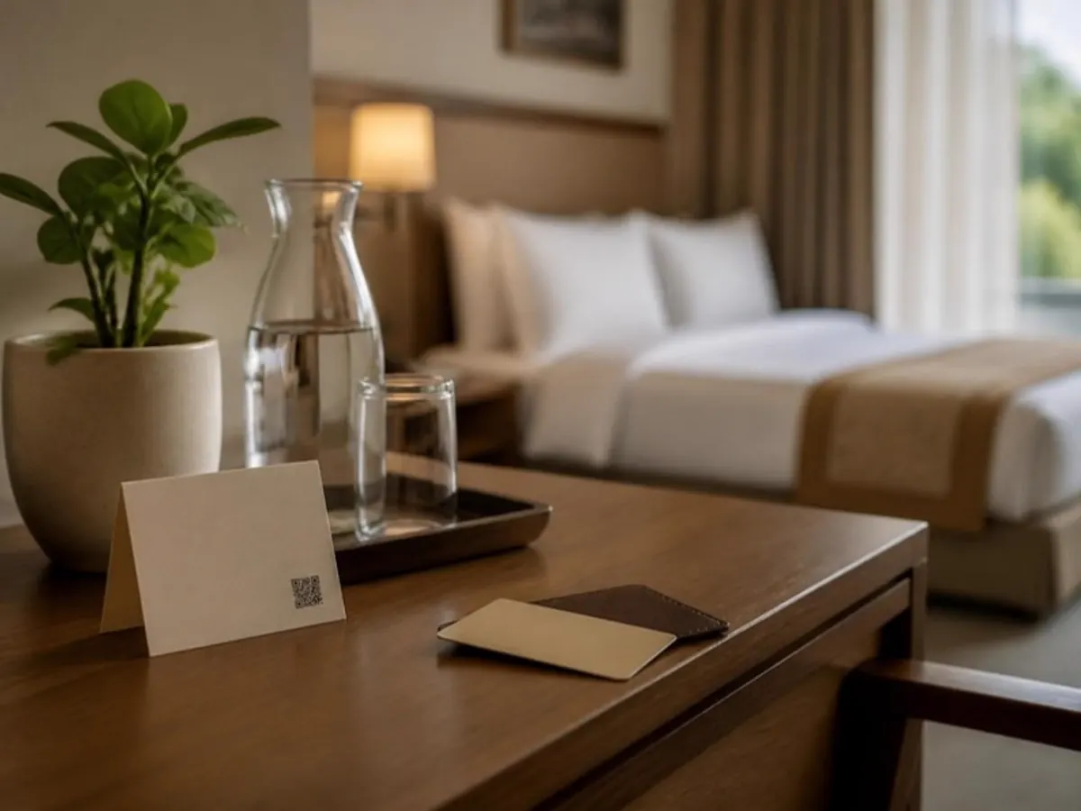 Hotel room desk with a small QR card