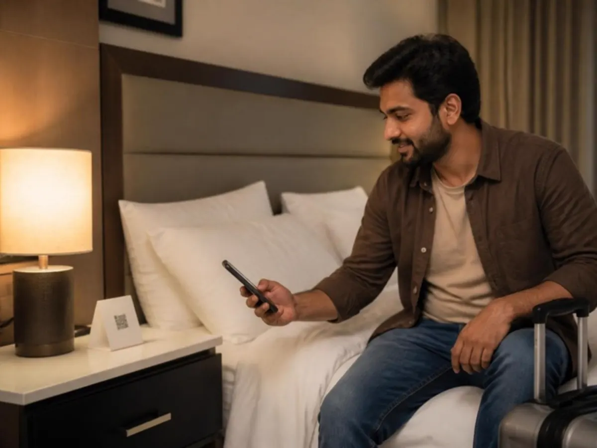 Hotel guest sitting on the bed and using his phone
