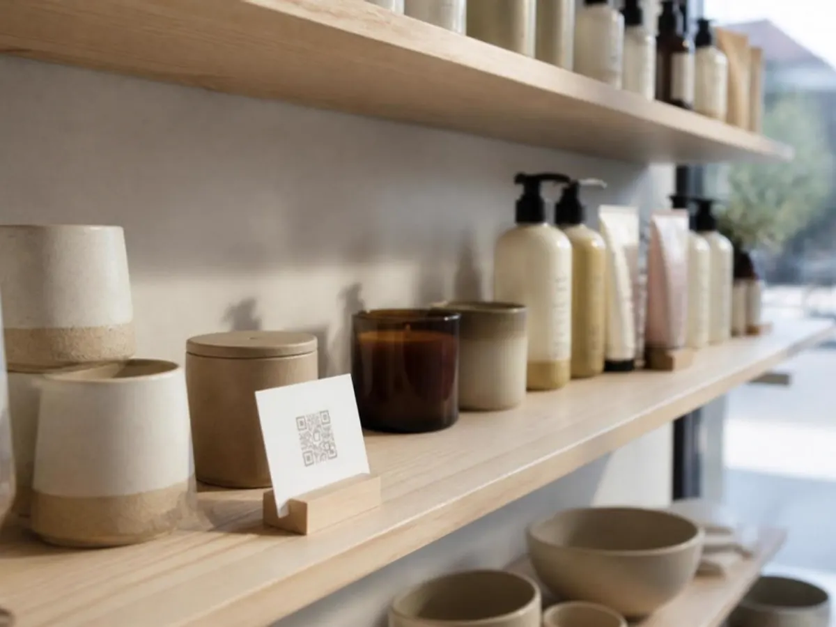 Store shelf of ceramics with a QR shelf card