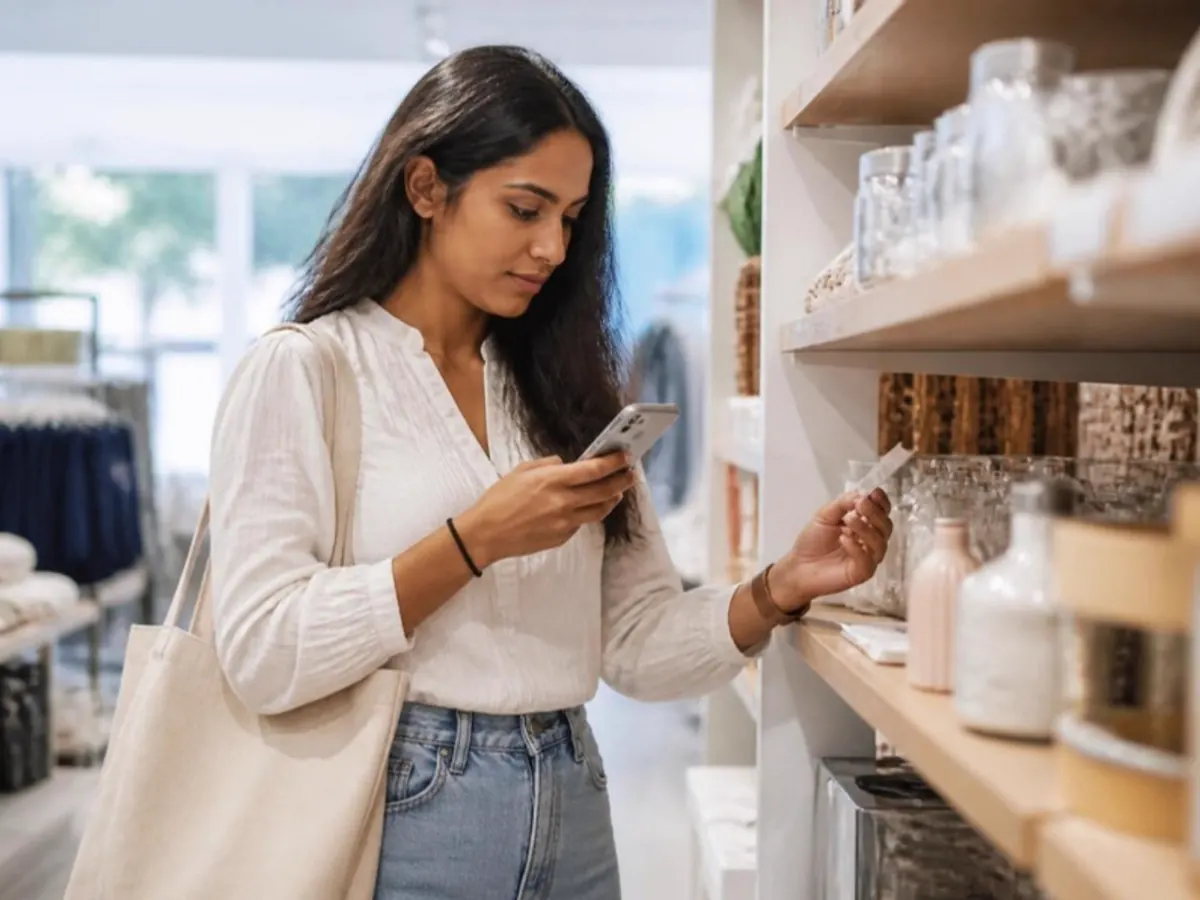Shopper scanning a product card with her phone