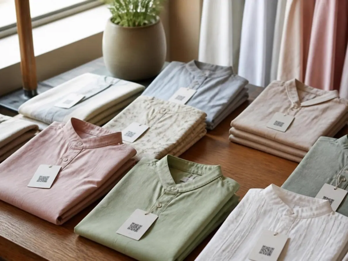 Folded shirts on a table with QR hang tags