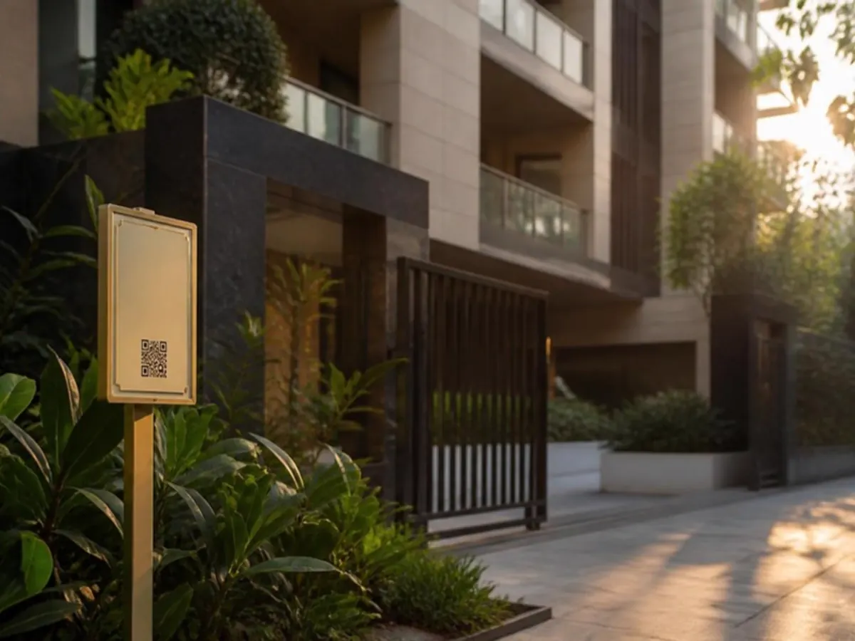 Apartment entrance with a QR property sign