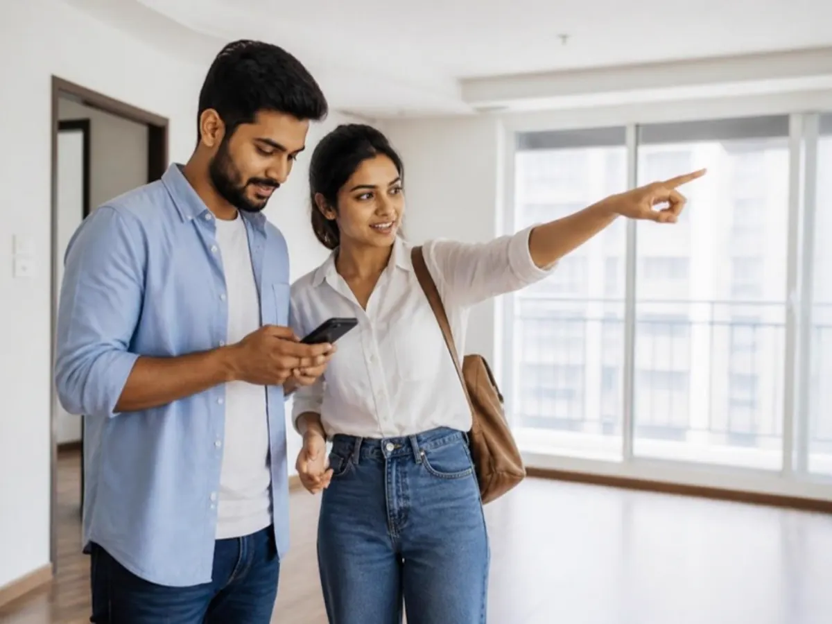 Couple touring an empty apartment with a phone