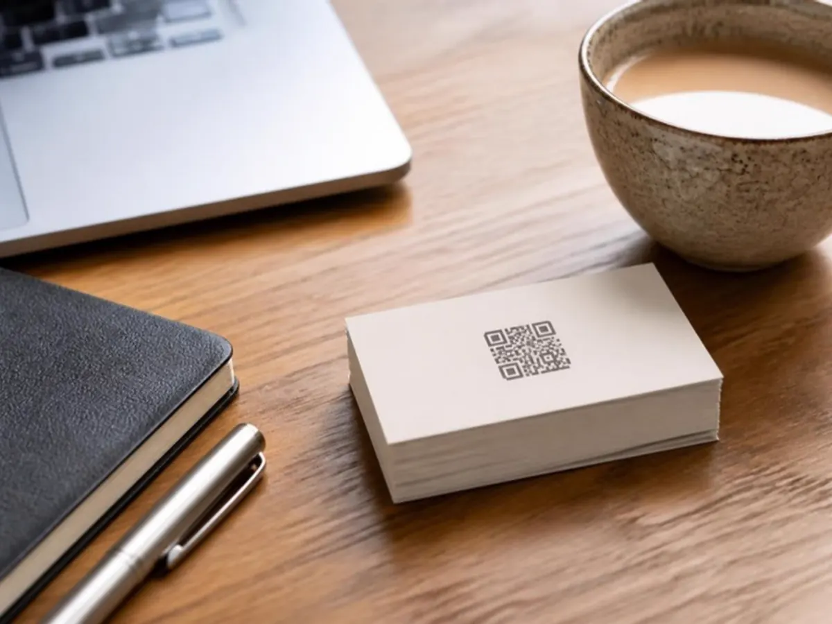 Stack of business cards with a QR code on a desk