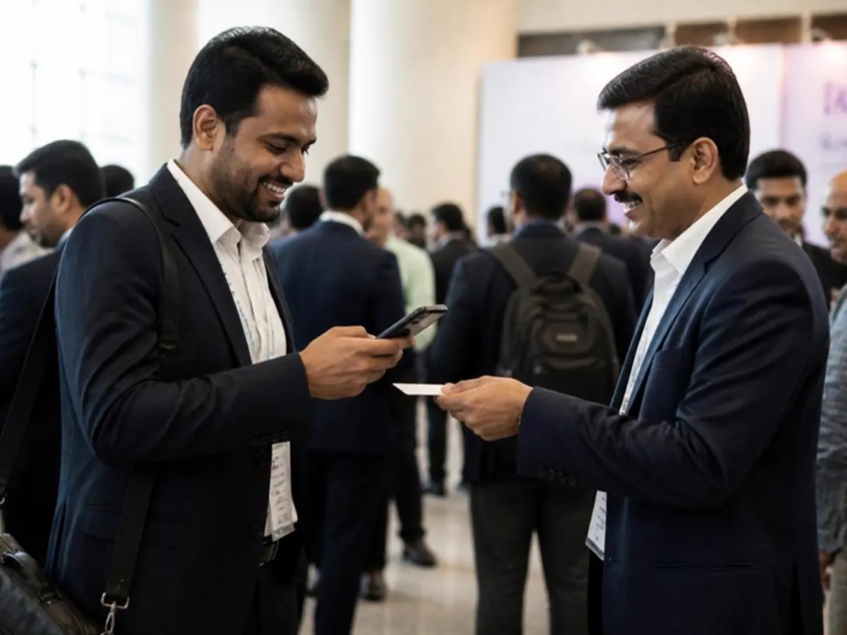 Two professionals exchanging a card and phones at an event