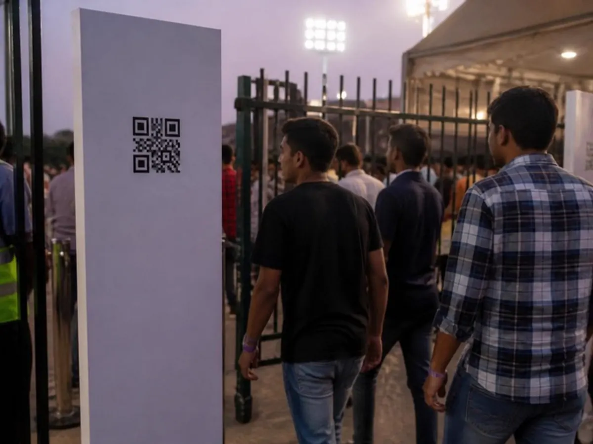 Event entry gate with a tall QR standee