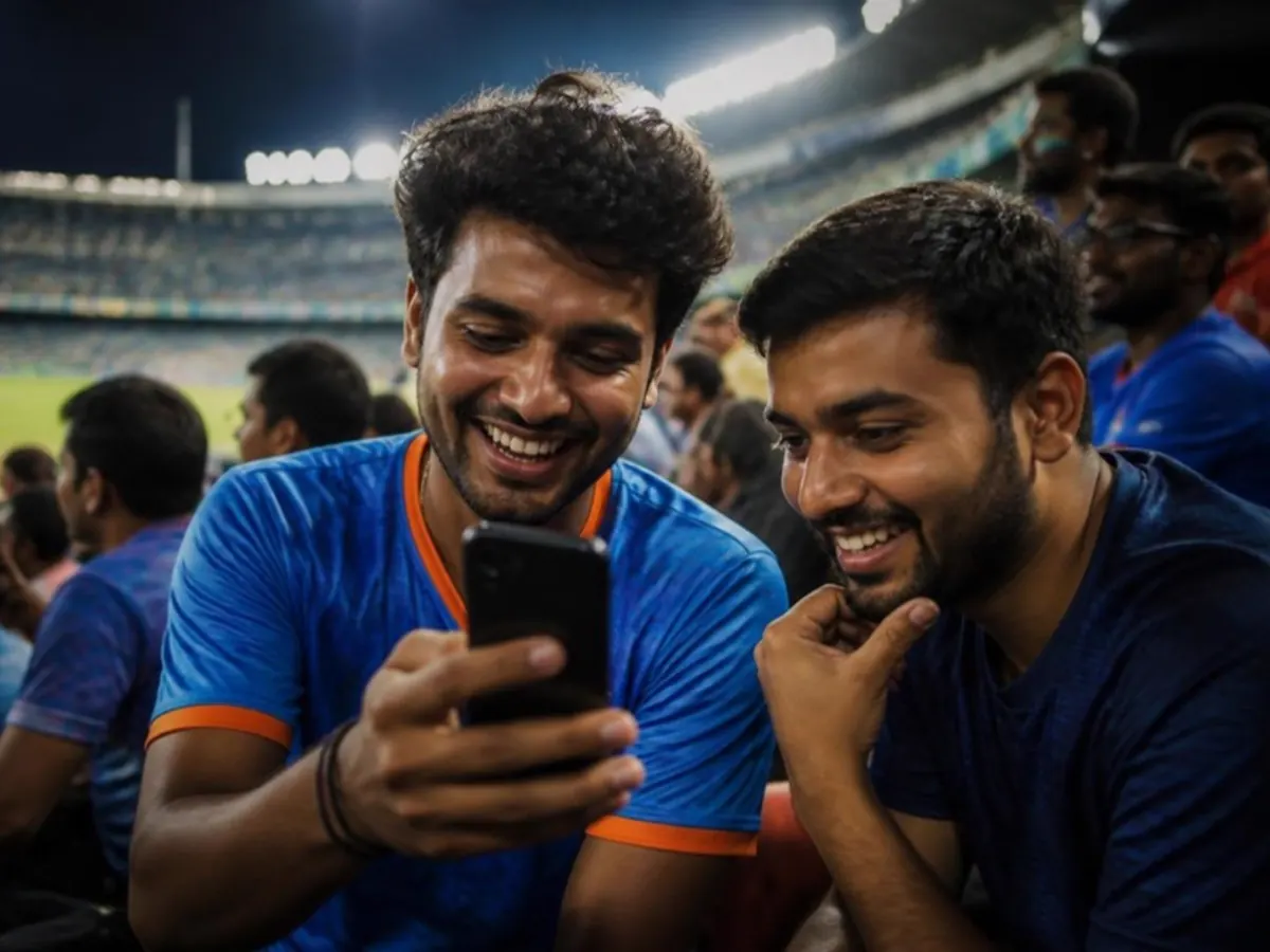 Cricket fans in a stadium looking at a phone