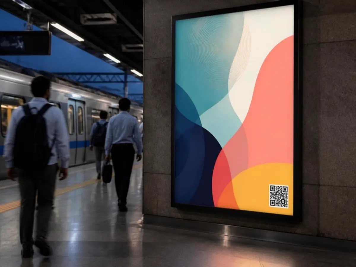 Metro station poster with a QR code in the corner