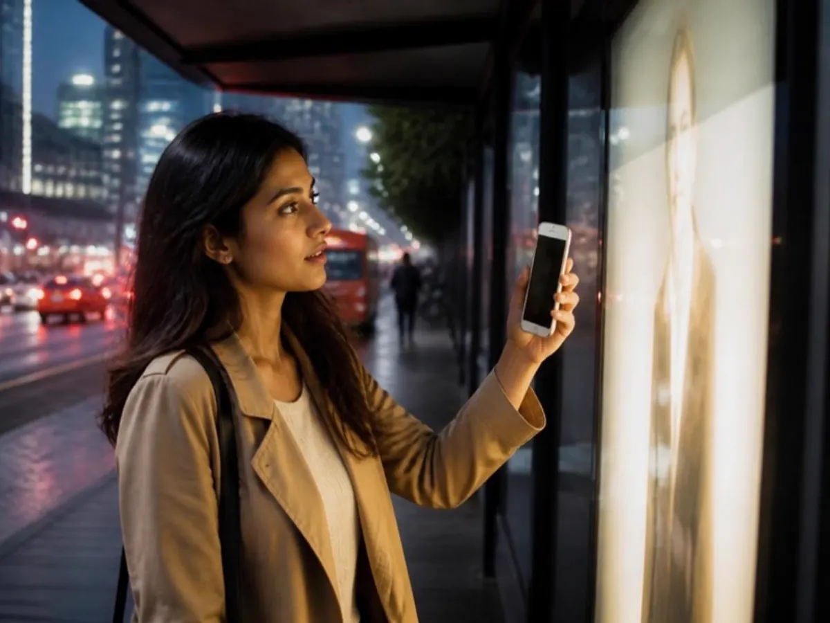 Woman scanning a bus stop poster at night