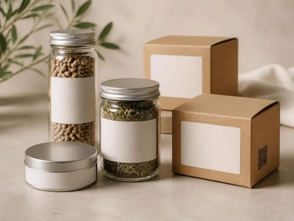 Kraft boxes and spice jars with QR labels