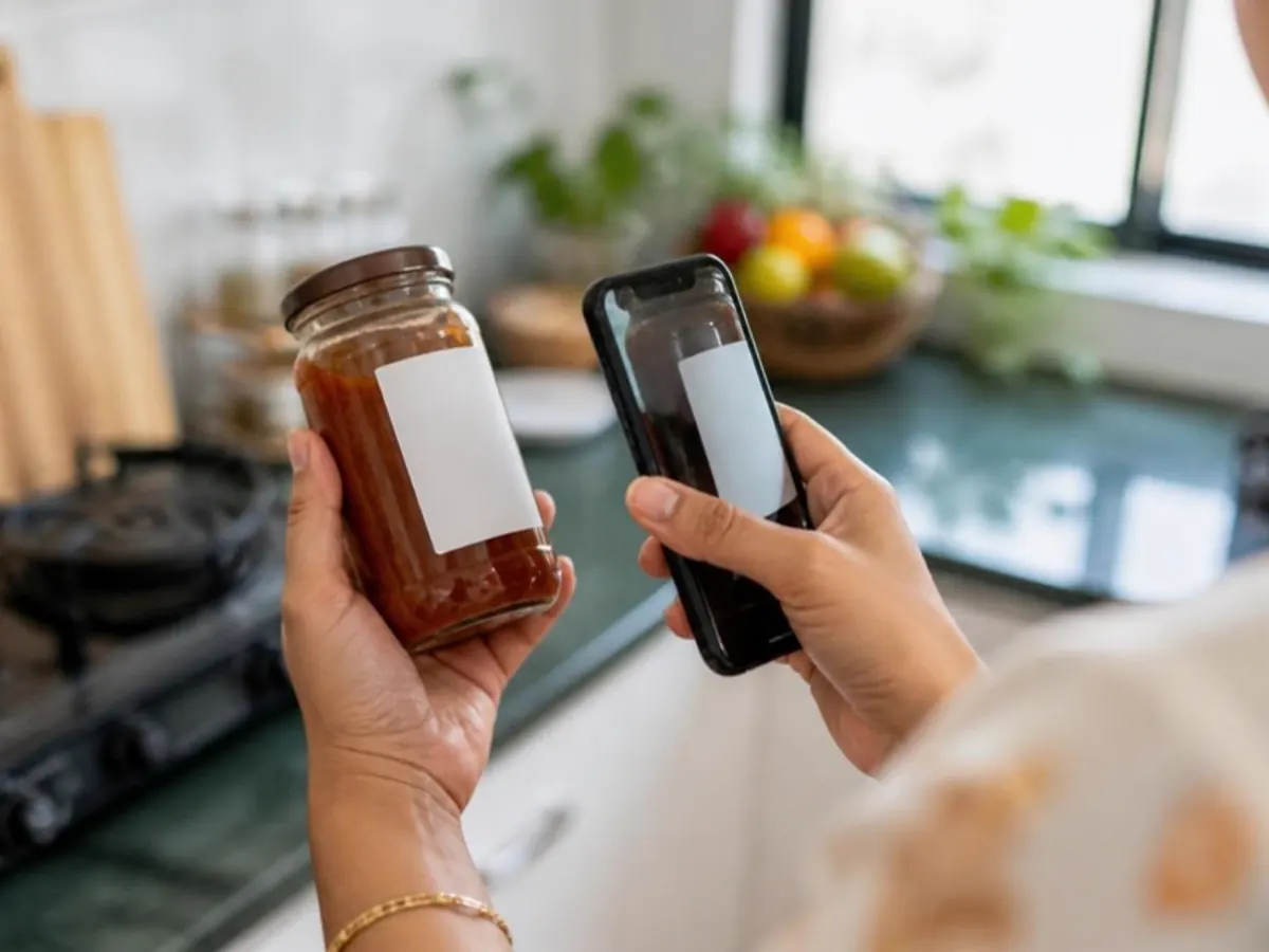 Hand scanning a jar label in a home kitchen