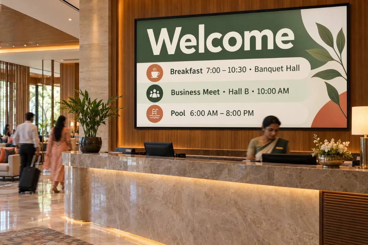 A wide welcome screen behind a hotel reception desk