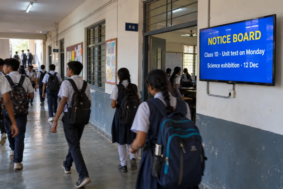 Students in uniform walking past a blue digital notice board in a school corridor