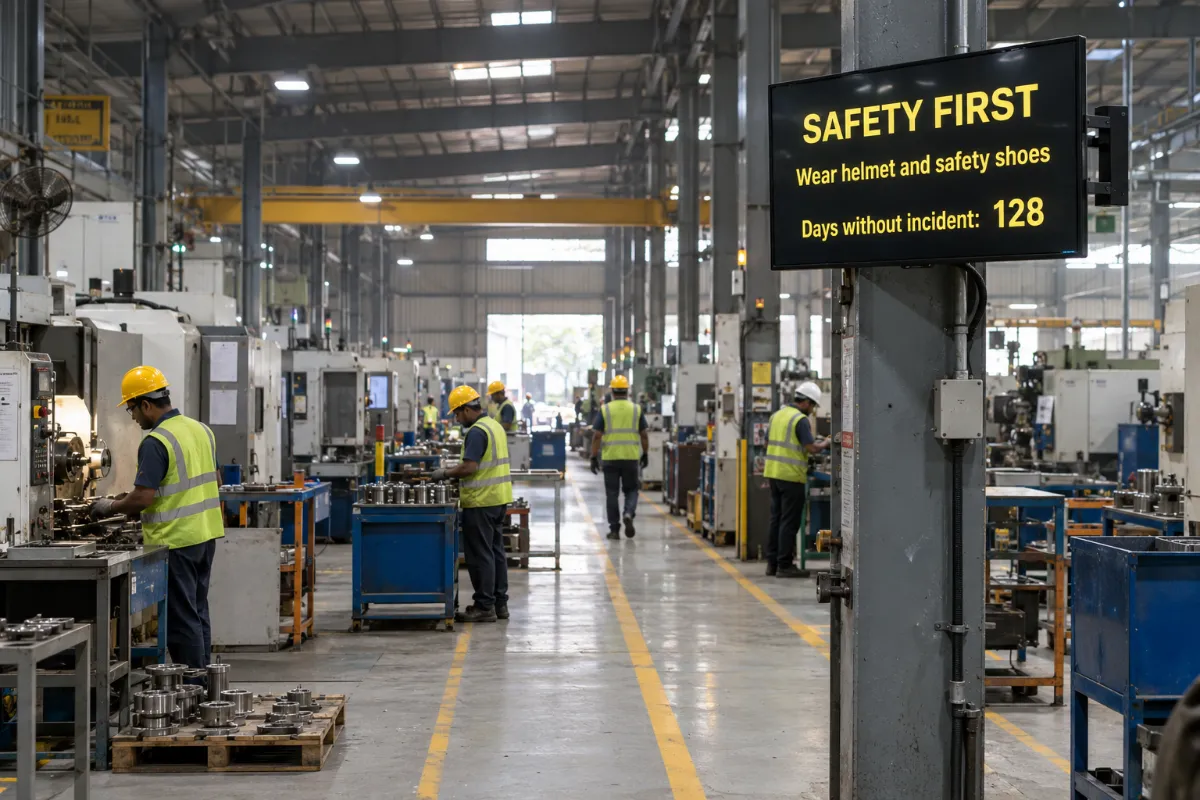 Workers in safety gear on a factory floor with a safety notice screen on a column