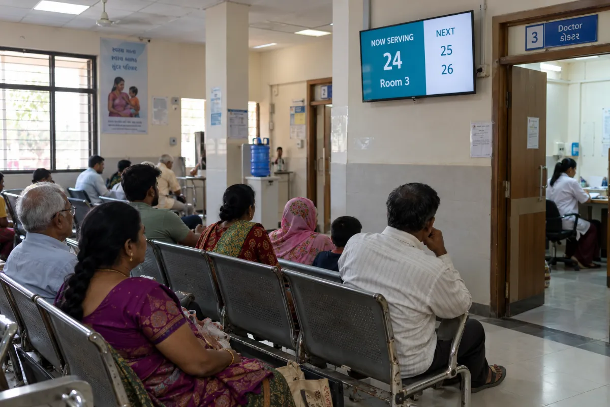 Patients seated in a clinic waiting area under a wall-mounted digital screen