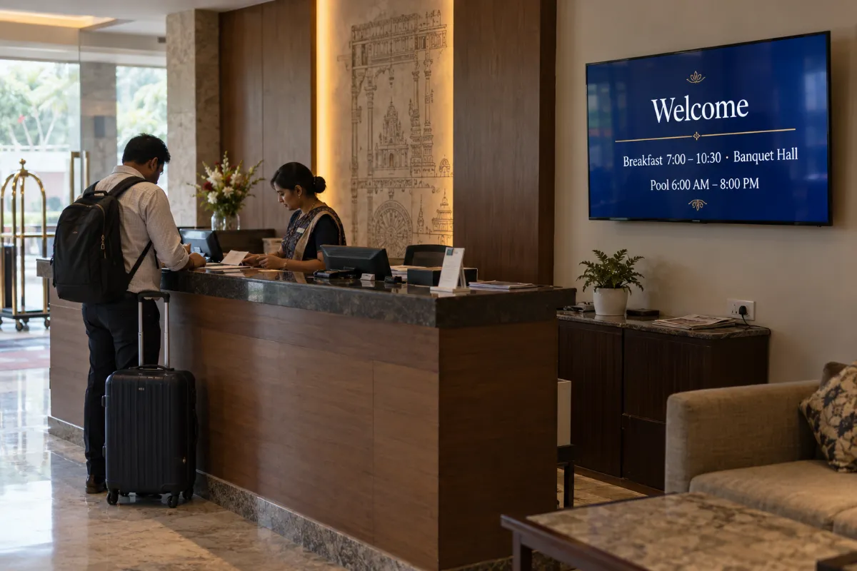 A guest checking in at a hotel front desk with a welcome screen on the wall