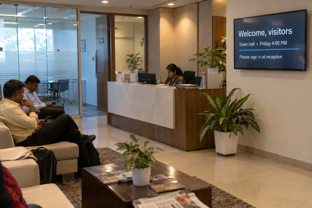 Visitors waiting in an office reception with a welcome screen on the wall