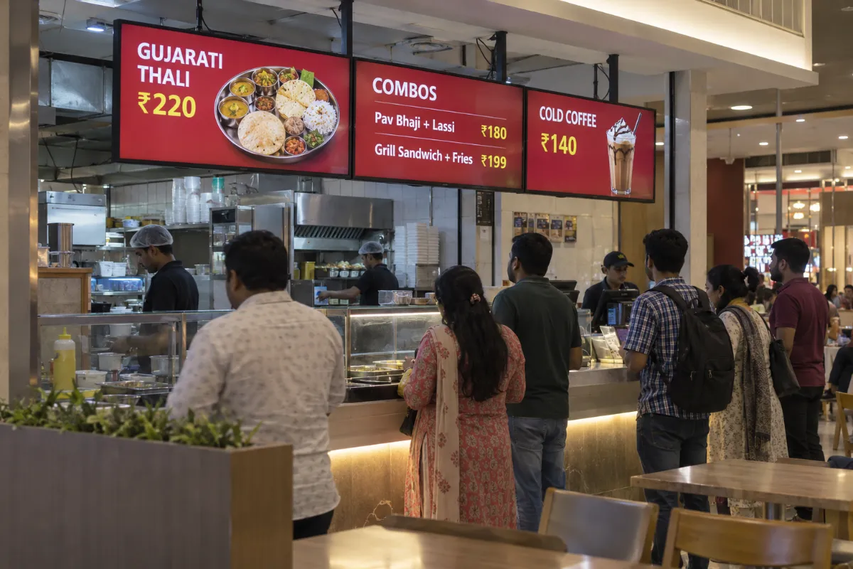 Customers ordering under three red digital menu boards in a food court counter