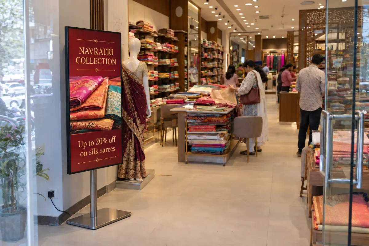 A portrait digital standee showing a festive collection inside a saree showroom