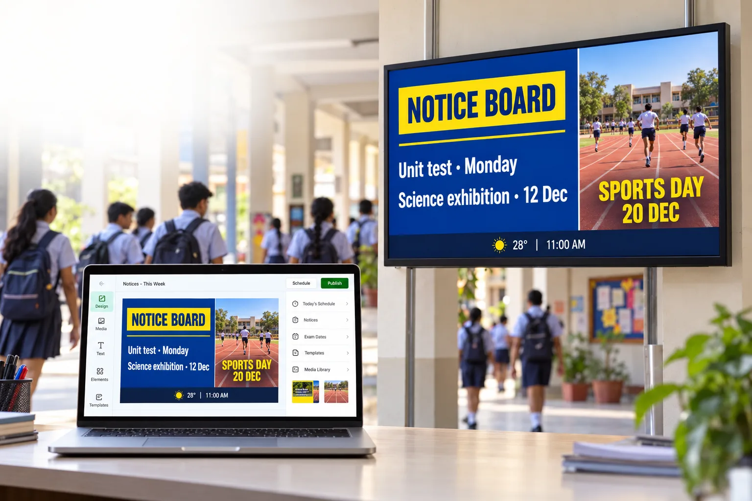 A school notice board screen with exam and sports day dates in a corridor, with the same design open in Laavia Design on a laptop