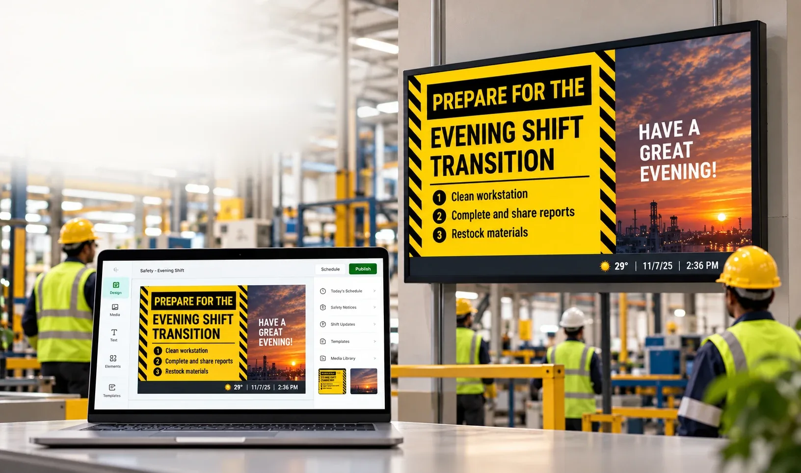 An evening shift notice on a large screen on a factory floor, with the same design open in Laavia Design on a laptop