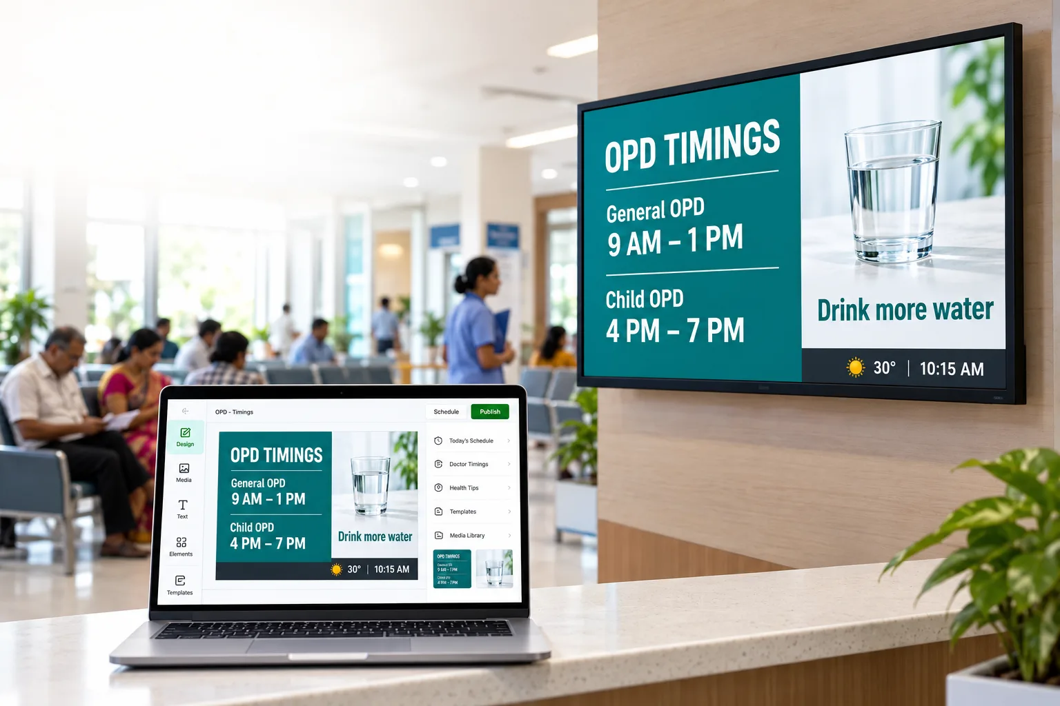 OPD timings and a health tip on a screen in a clinic waiting area, with the same design open in Laavia Design on a laptop