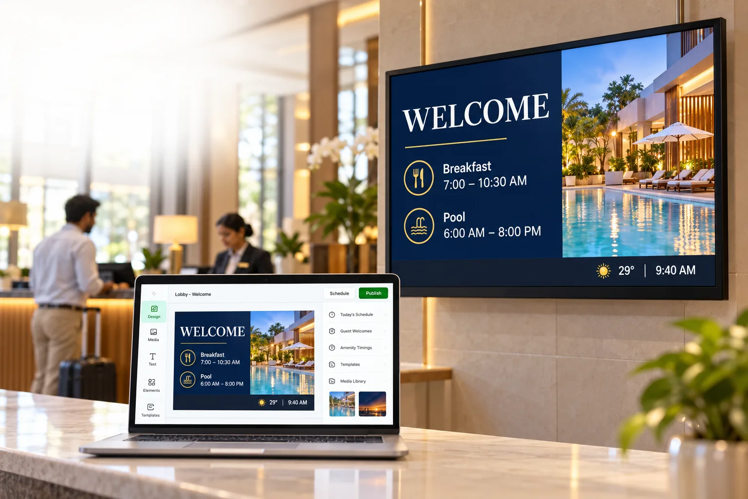 A welcome screen with breakfast and pool timings in a hotel lobby, with the same design open in Laavia Design on a laptop