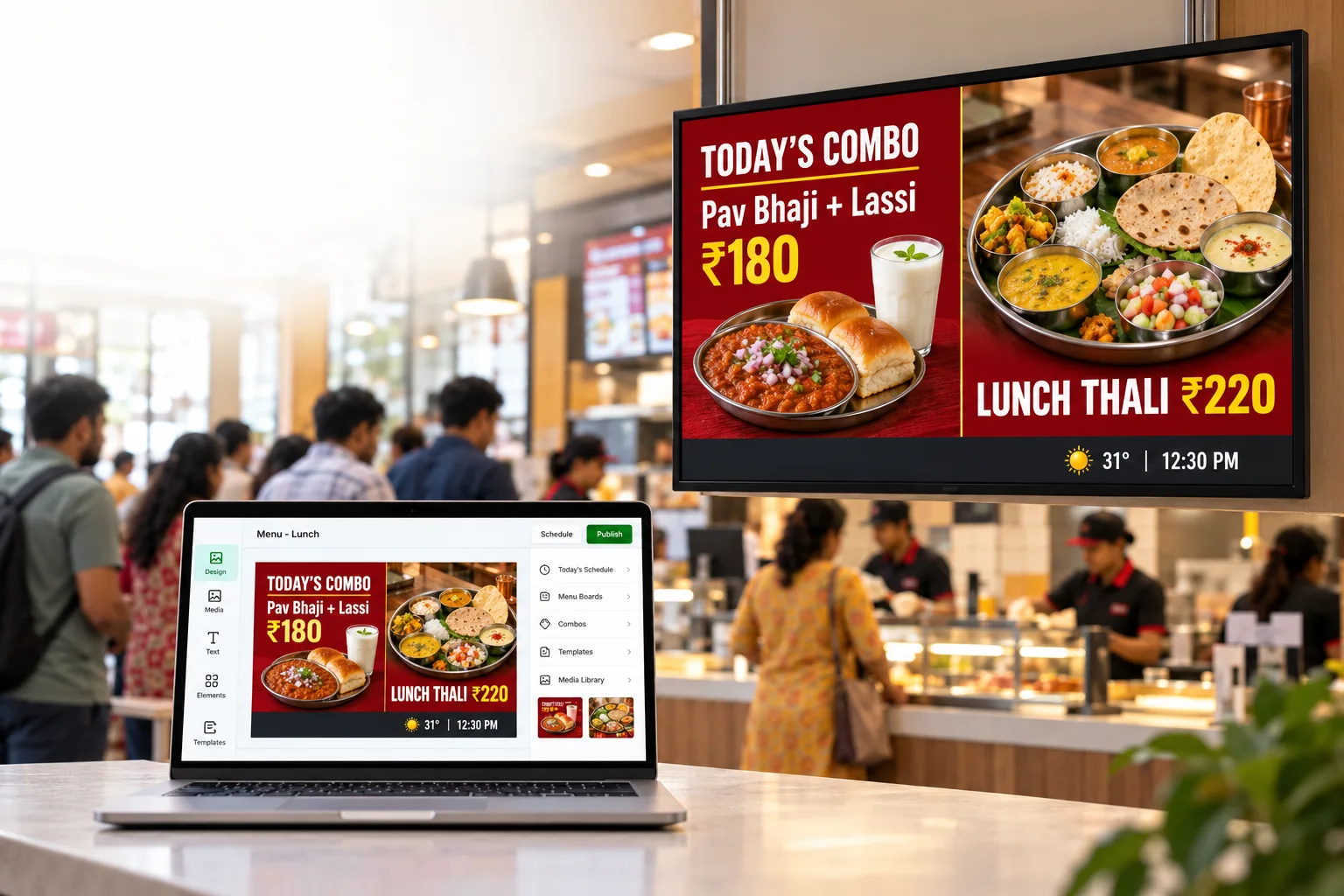 A lunch combo and thali menu on a large screen at a quick-service counter, with the same design open in Laavia Design on a laptop