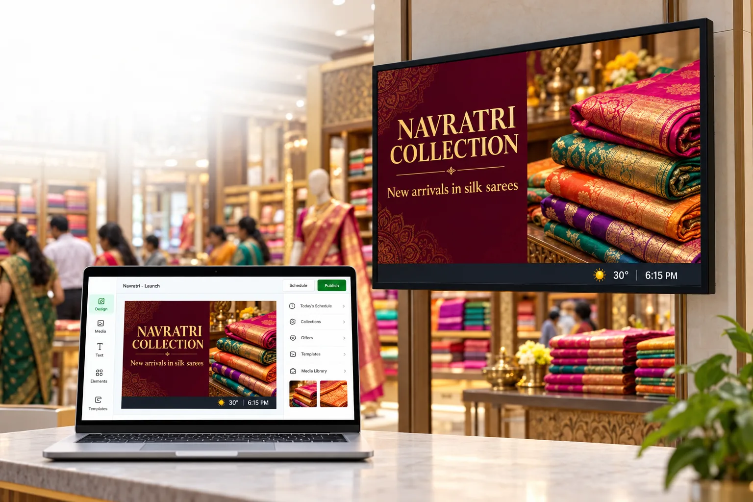 A Navratri collection screen in a saree showroom, with the same design open in Laavia Design on a laptop