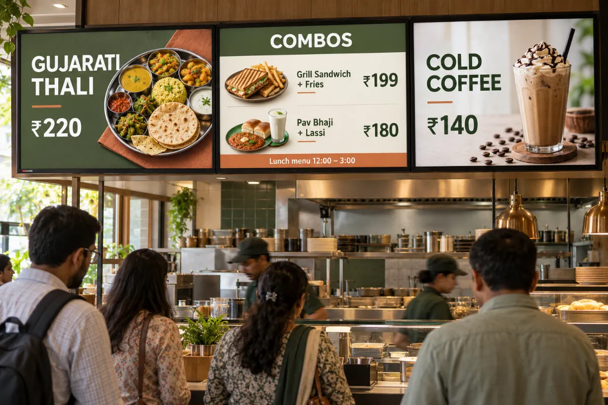 Three digital menu boards above a quick service restaurant counter