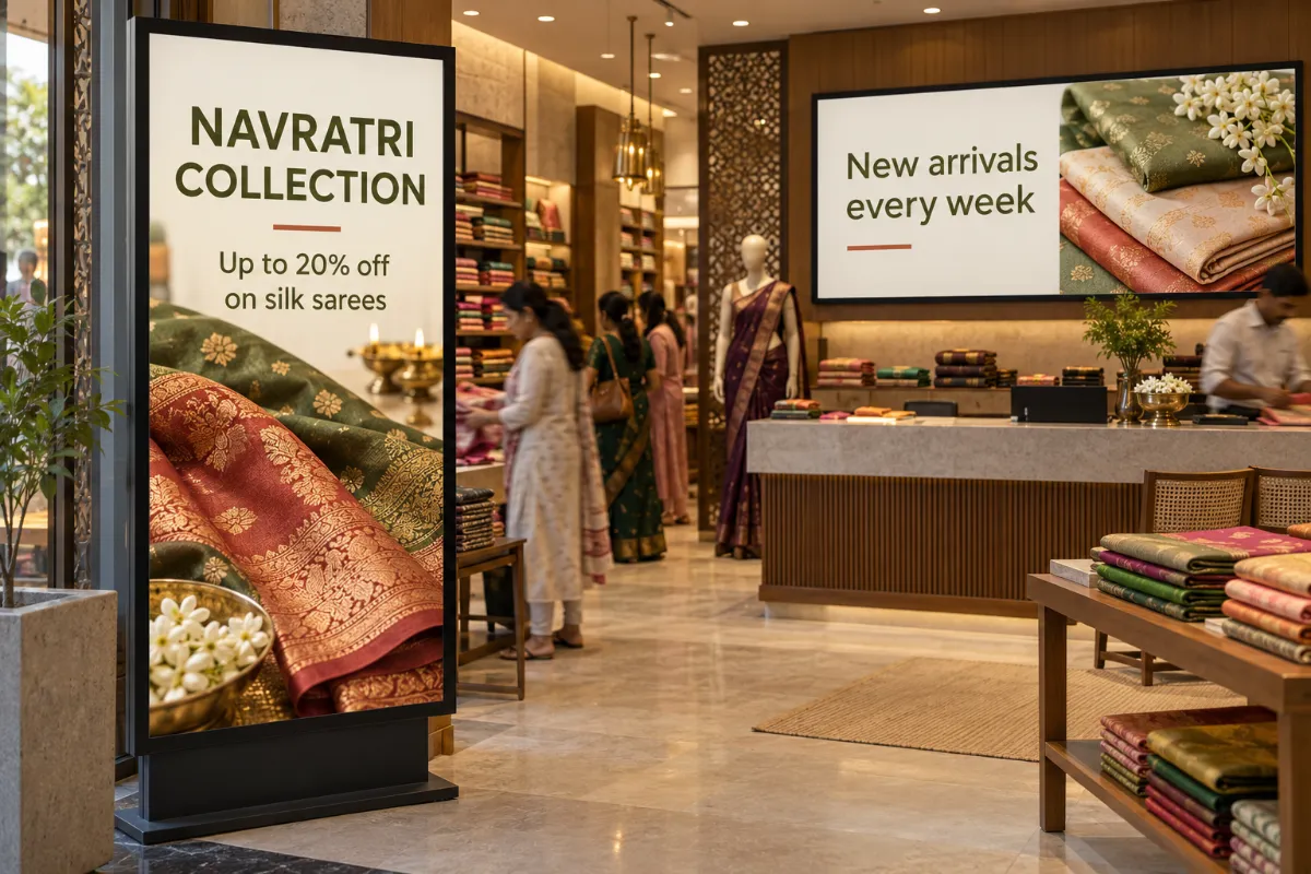 A portrait screen at the entrance of a saree showroom and a wide screen behind the counter