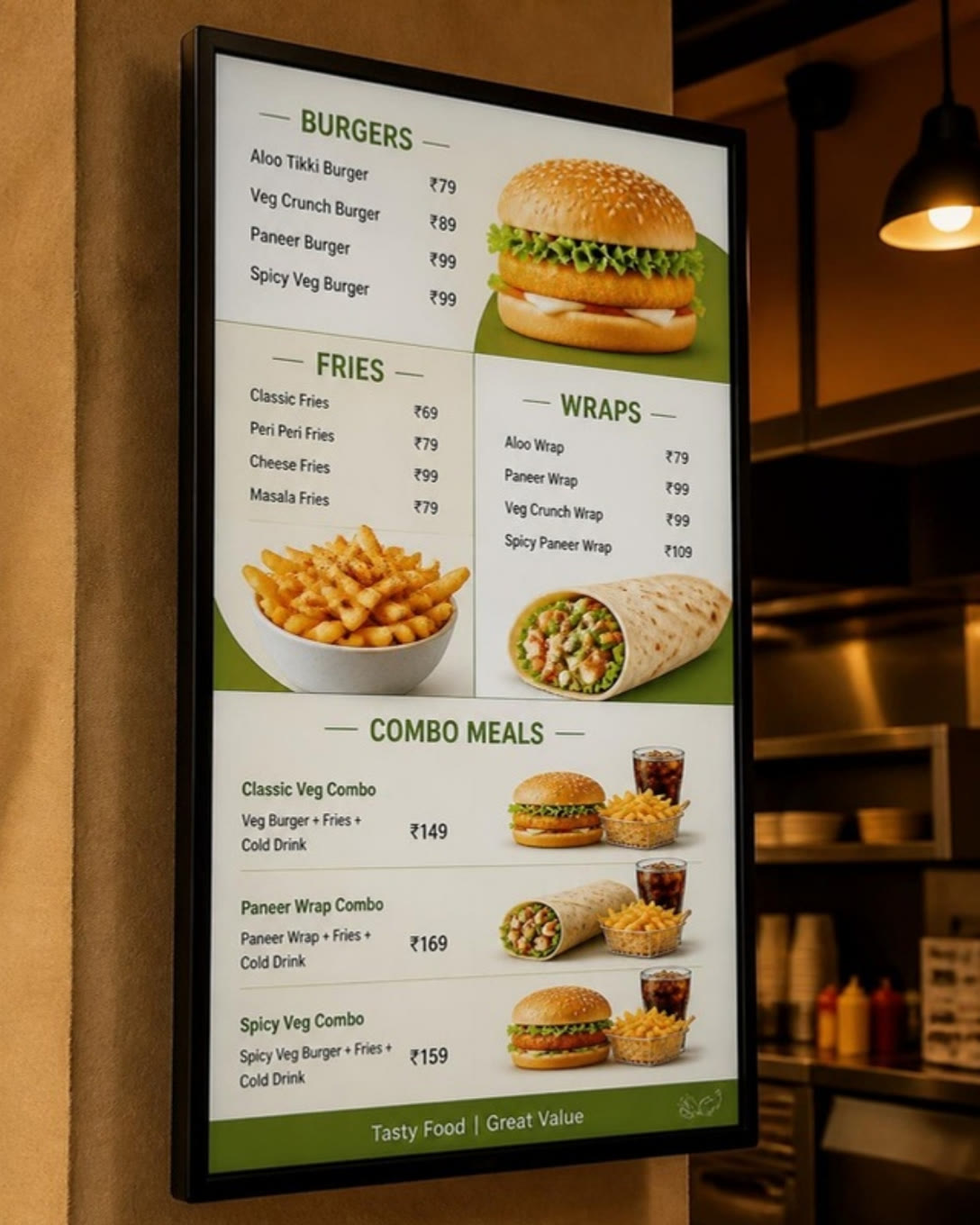 A digital menu board with burgers, fries, wraps and combo meals
