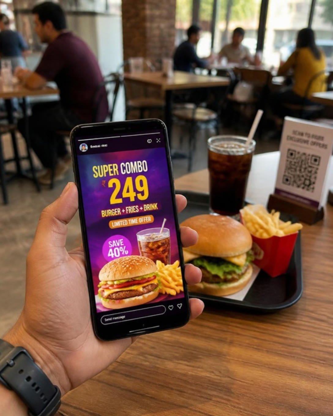A phone showing a burger combo offer story beside a table QR stand