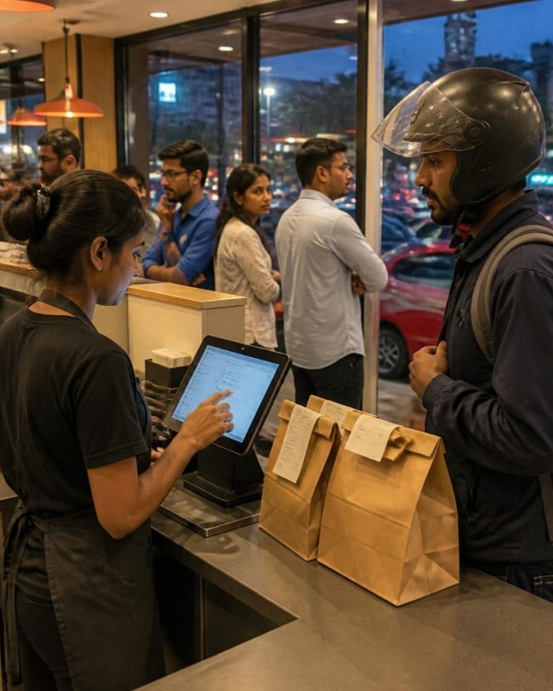 Staff at a quick-service restaurant counter tapping a POS tablet with delivery orders, with packed bags on the counter and a delivery rider waiting