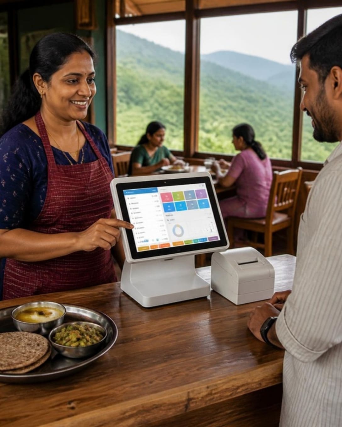 A restaurant owner billing a customer on a POS terminal, with hills outside the window