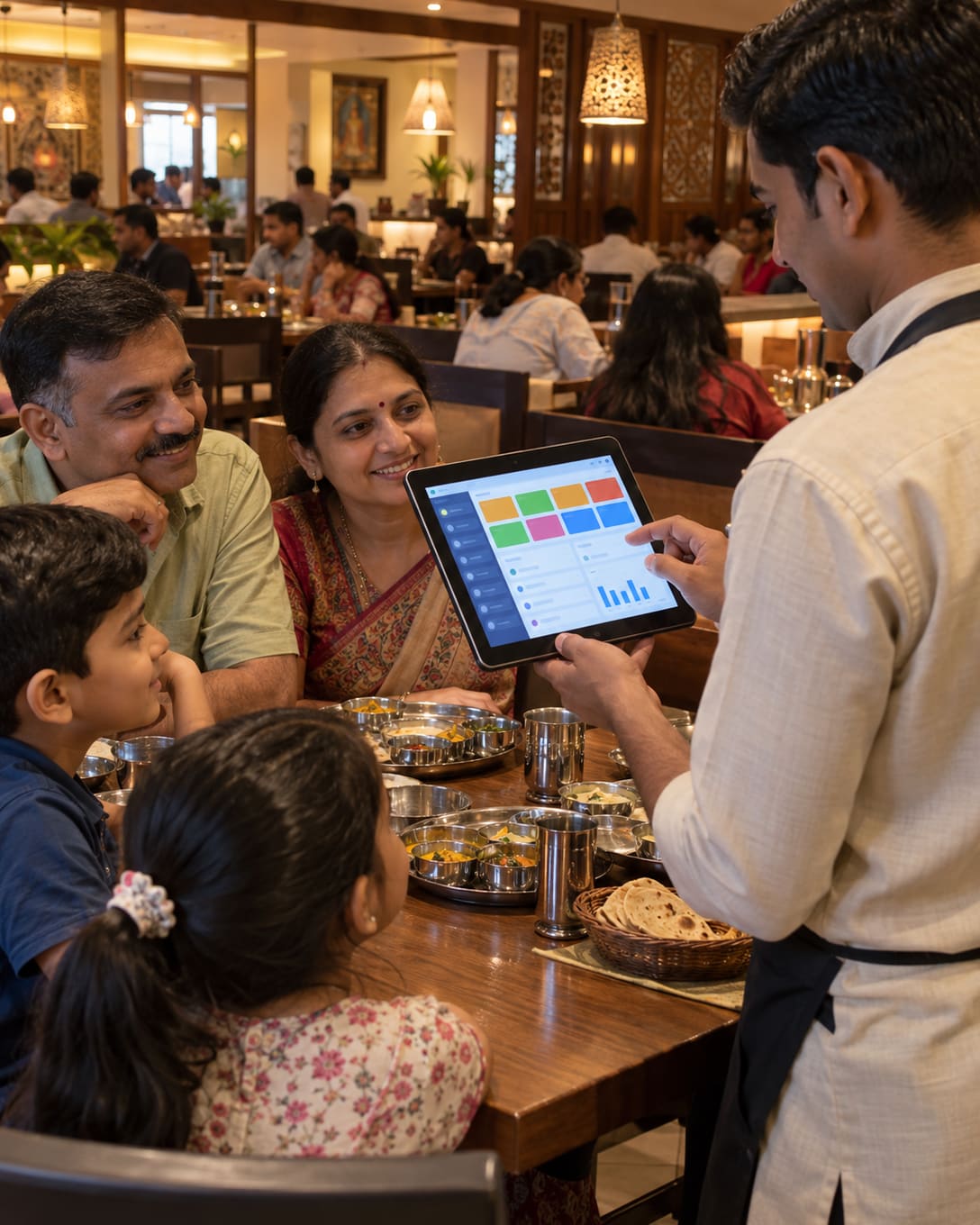 A waiter taking an order on a POS tablet at a family table