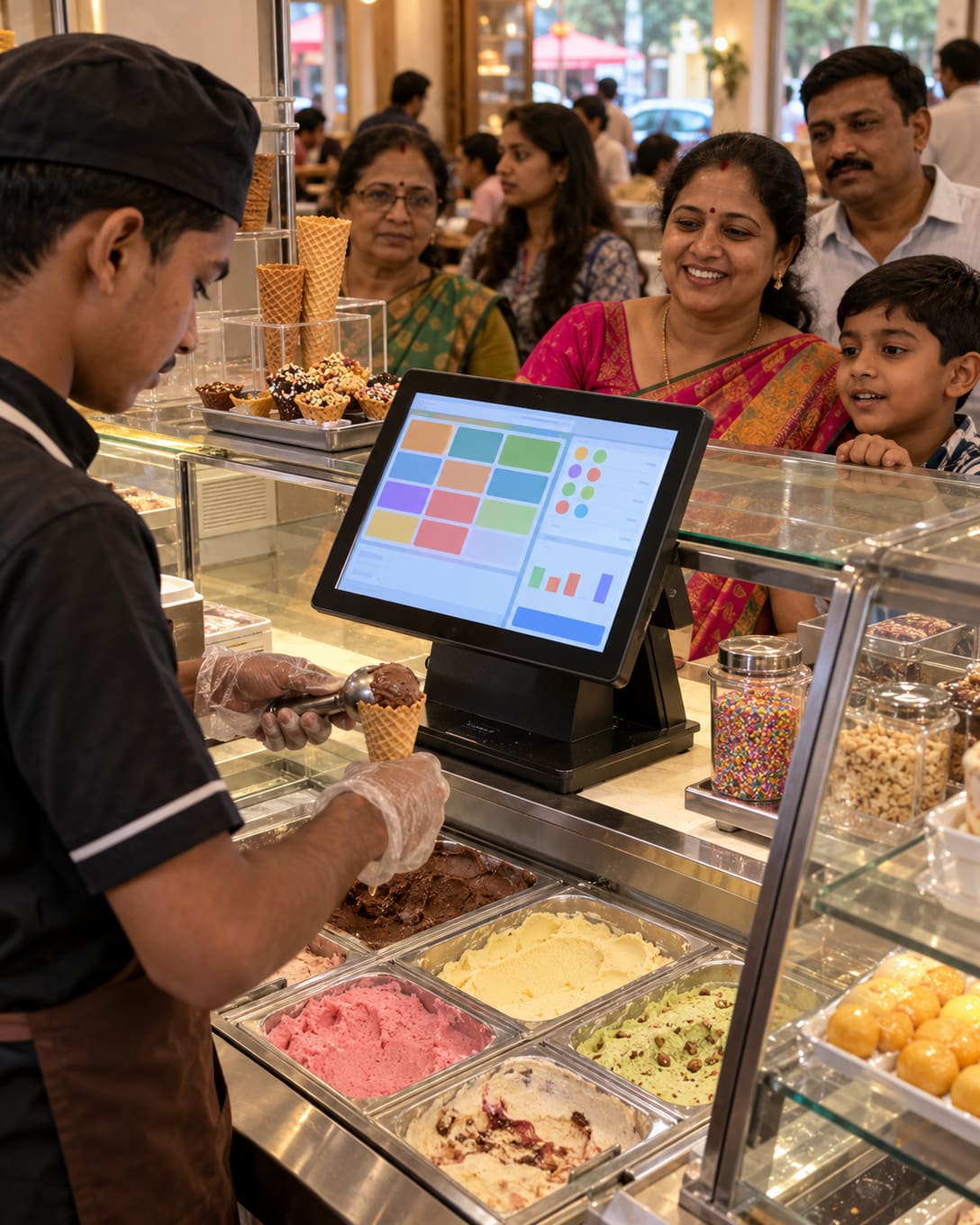 A server billing on a touchscreen POS at an ice-cream counter
