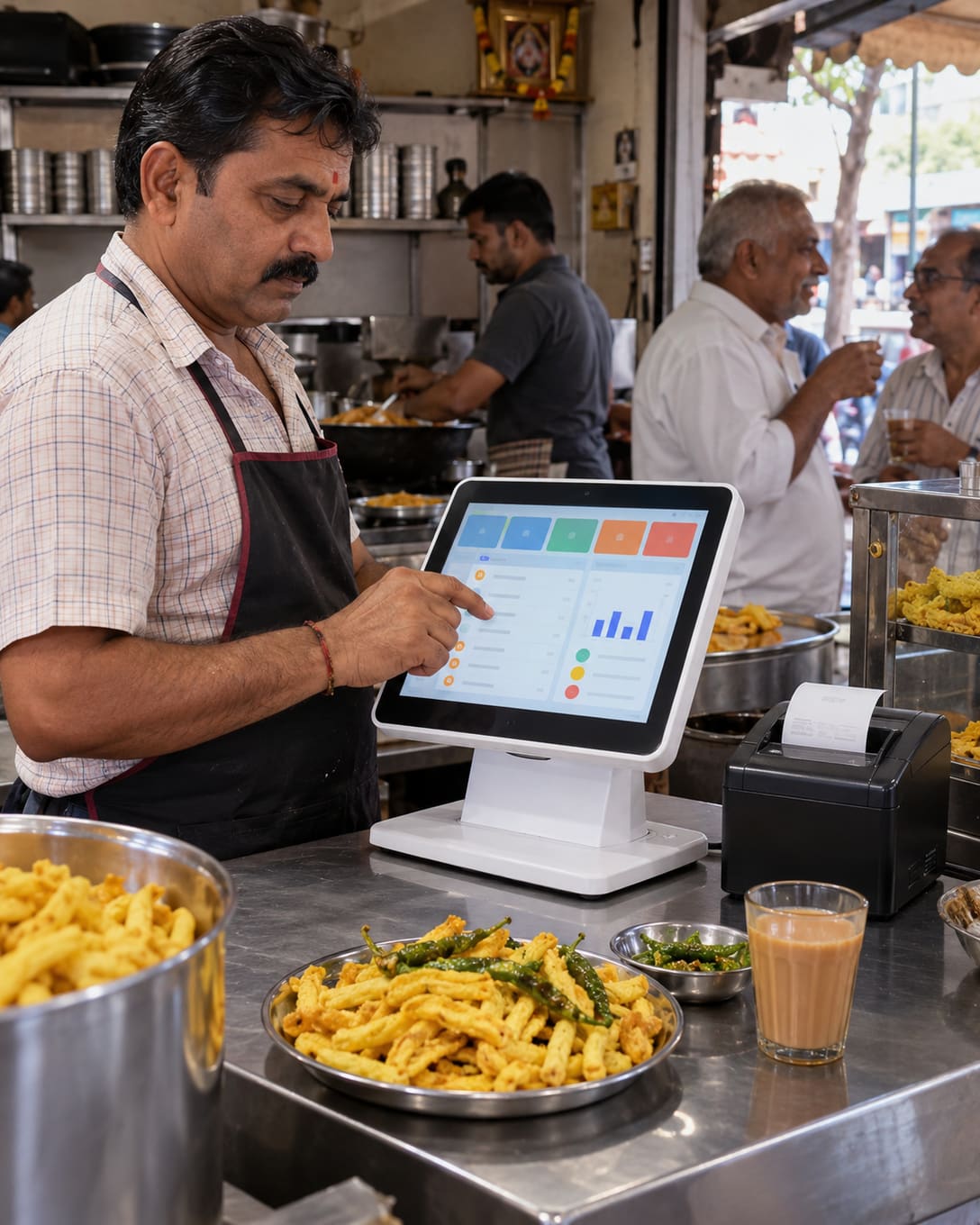 A gathiya shop owner printing a bill on a touchscreen POS beside gathiya and tea