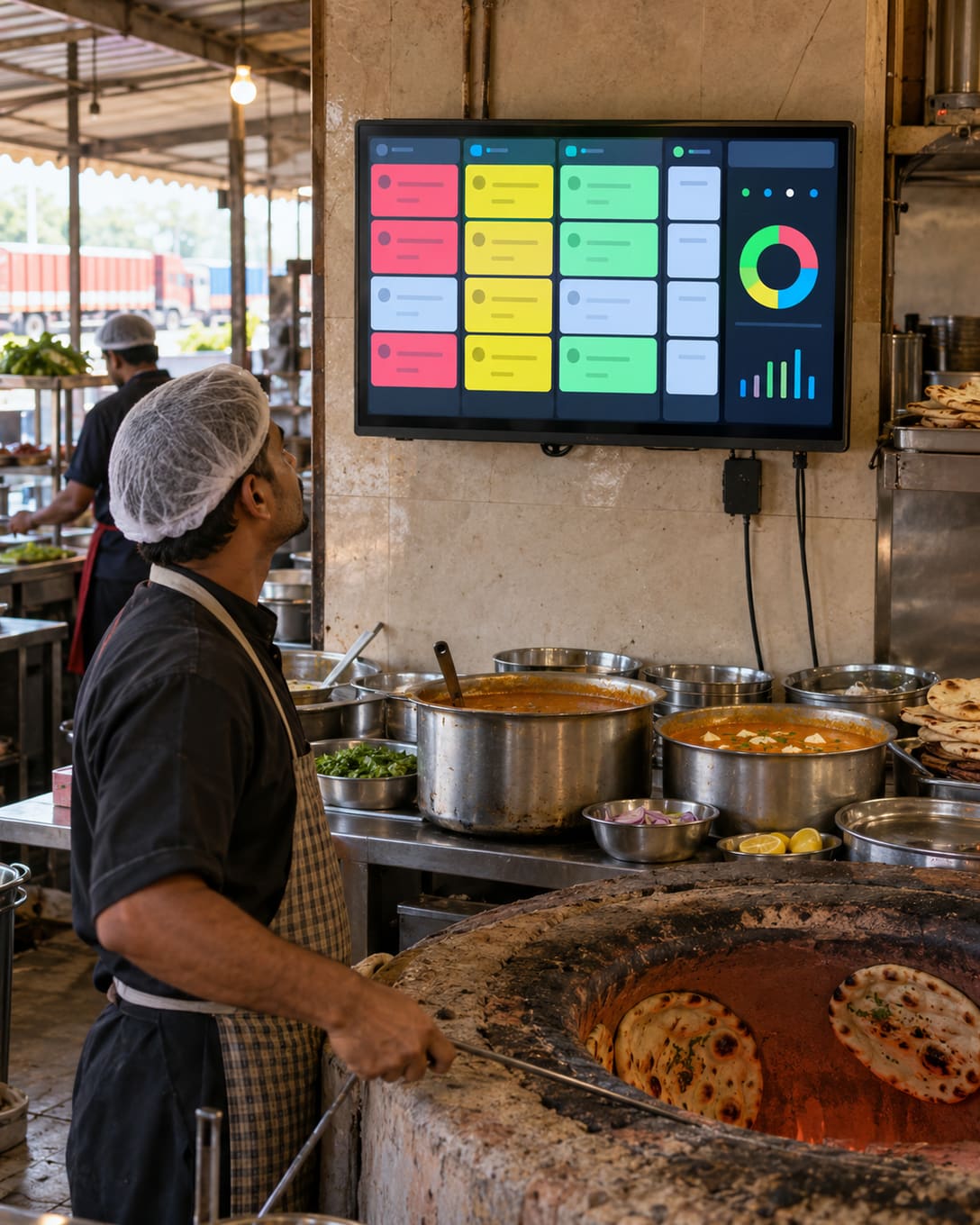 A cook at a tandoor reading orders on a kitchen display screen at a highway dhaba