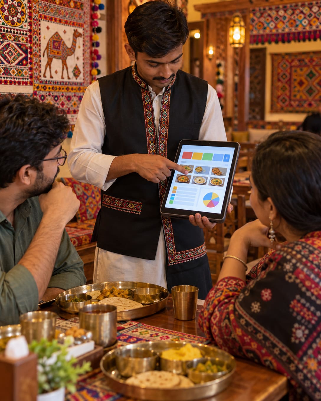 A waiter taking an order on a POS tablet at a restaurant in Bhuj