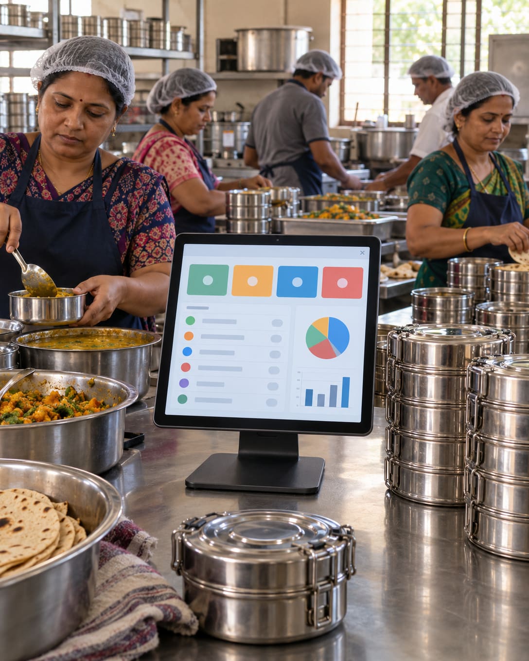 A POS tablet listing tiffin orders beside stacks of steel tiffin boxes