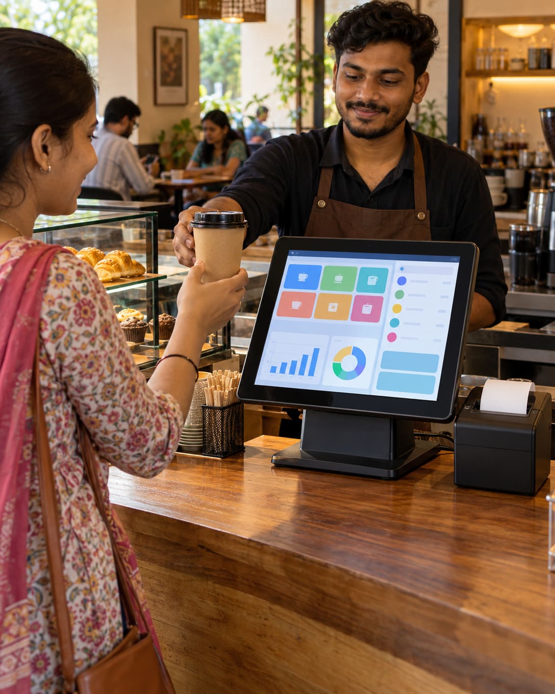 A barista billing on a touchscreen POS at a café counter
