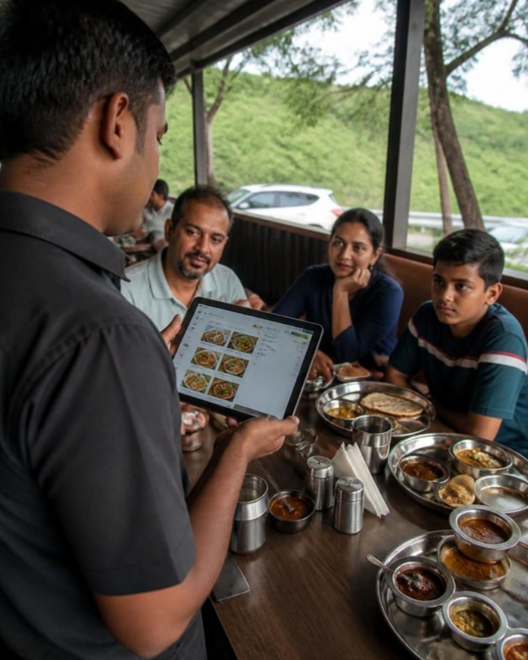 A waiter taking an order on a POS tablet at a table of travellers in an open-sided restaurant surrounded by trees